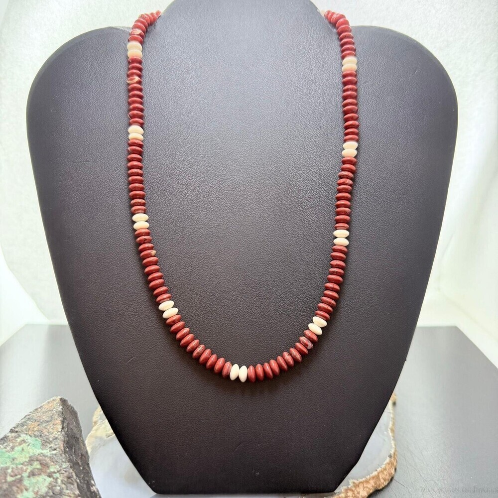 Sterling Southwestern Style Red Jasper &Petrified Wood Beads Saucer 18" Necklace